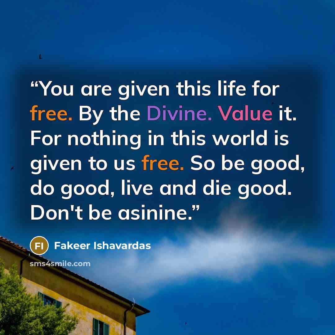 “You are given this life for free. By the Divine. Value it. For nothing in this world is given to us free. So be good, do good, live and die good. Don't be asinine.” quote by Fakeer Ishavardas