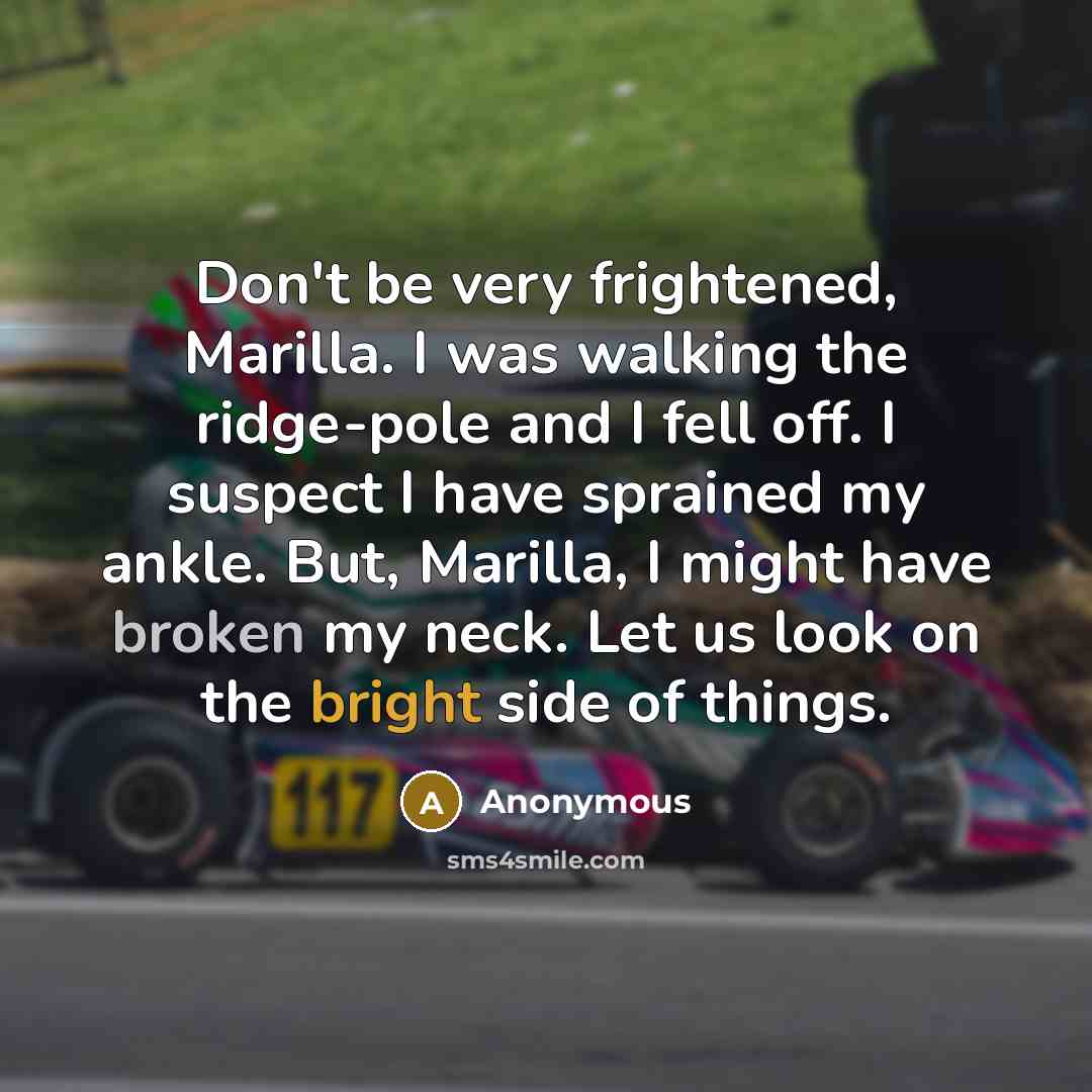 “Don't be very frightened, Marilla. I was walking the ridge-pole and I fell off. I suspect I have sprained my ankle. But, Marilla, I might have broken my neck. Let us look on the bright side of things.” quote by Anonymous