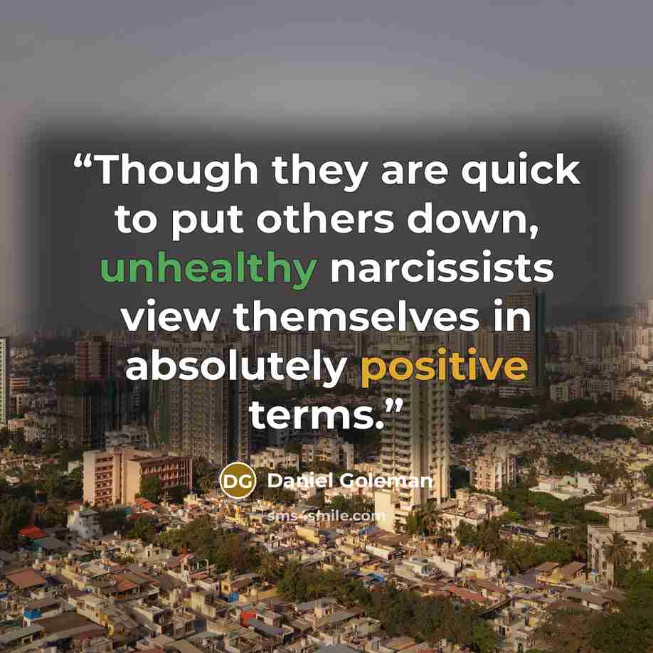 “Though they are quick to put others down, unhealthy narcissists view themselves in absolutely positive terms.” quote by Daniel Goleman