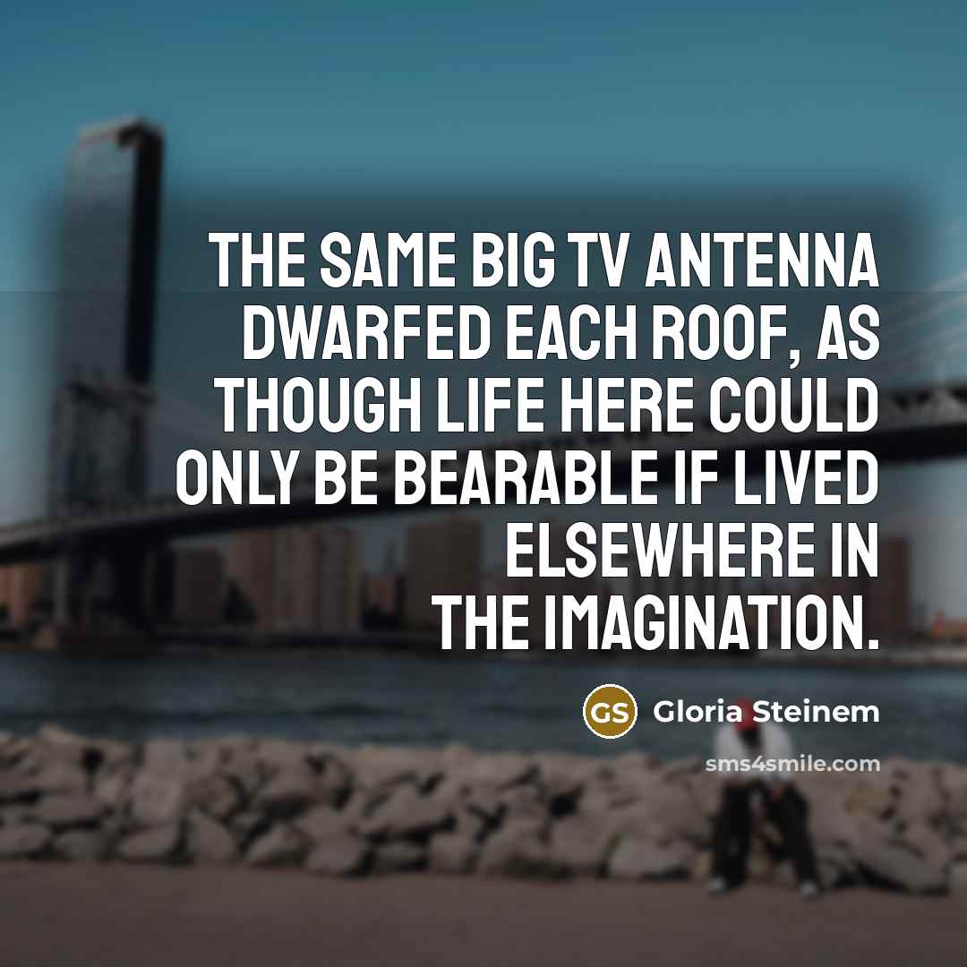 “The same big TV antenna dwarfed each roof, as though life here could only be bearable if lived elsewhere in the imagination.” quote by Gloria Steinem