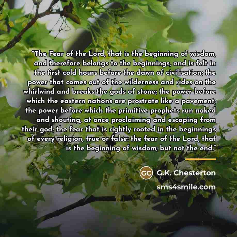 “The Fear of the Lord, that is the beginning of wisdom, and therefore belongs to the beginnings, and is felt in the first cold hours before the dawn of civilisation; the power that comes out of the wilderness and rides on the whirlwind and breaks the gods of stone; the power before which the…” quote by G.K. Chesterton