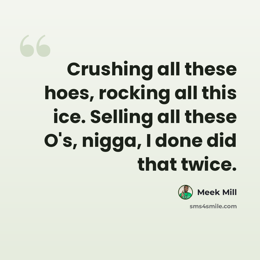 “Crushing all these hoes, rocking all this ice. Selling all these O's, nigga, I done did that twice.” quote by Meek Mill