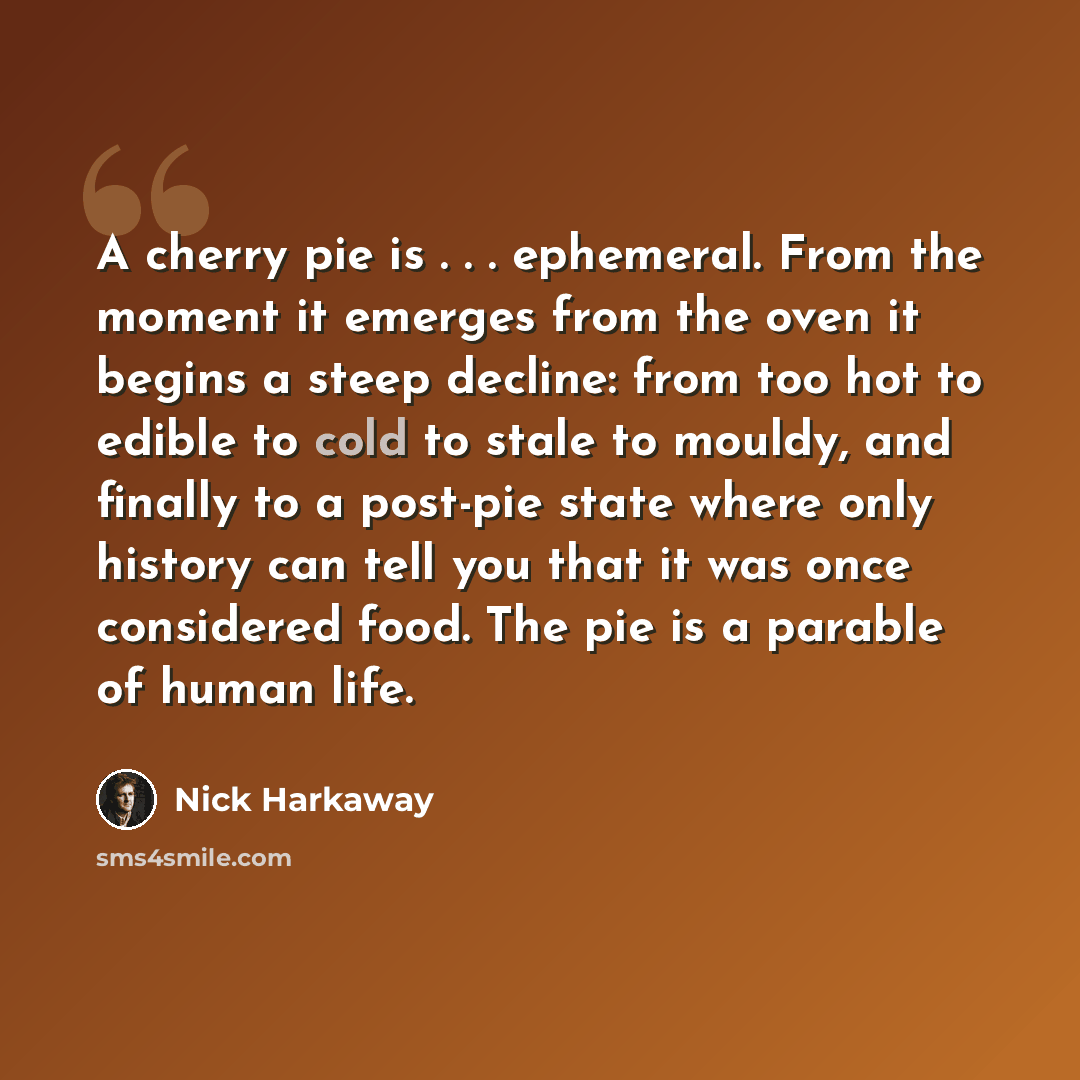 “A cherry pie is . . . ephemeral. From the moment it emerges from the oven it begins a steep decline: from too hot to edible to cold to stale to mouldy, and finally to a post-pie state where only history can tell you that it was once considered food. The pie is a parable of human life.” quote by Nick Harkaway