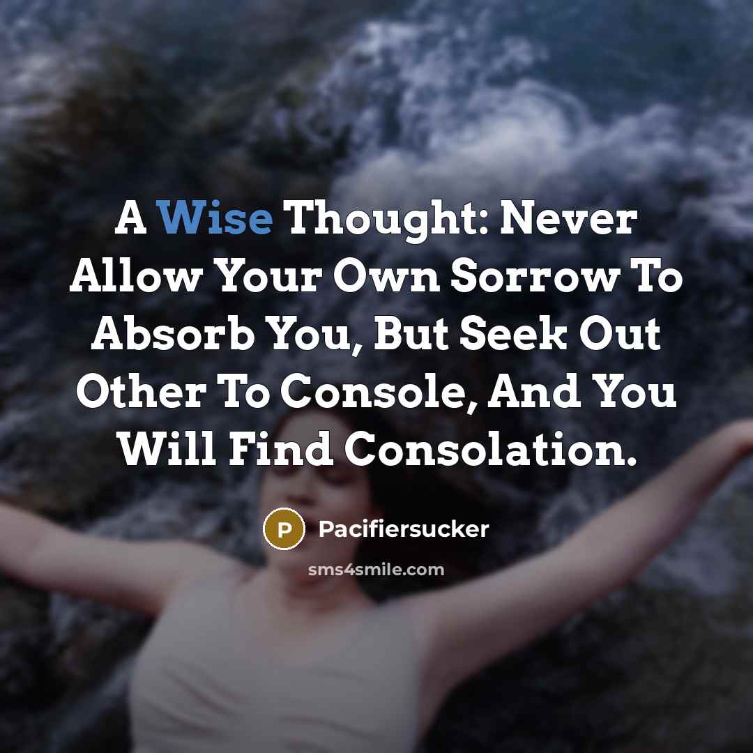 “A Wise Thought: Never Allow Your Own Sorrow To Absorb You, But Seek Out Other To Console, And You Will Find Consolation.” quote by Pacifiersucker