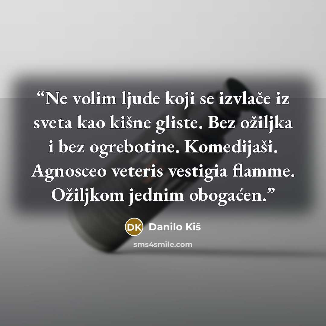 “Ne volim ljude koji se izvlače iz sveta kao kišne gliste. Bez ožiljka i bez ogrebotine. Komedijaši. Agnosceo veteris vestigia flamme. Ožiljkom jednim obogaćen.” quote by Danilo Kiš