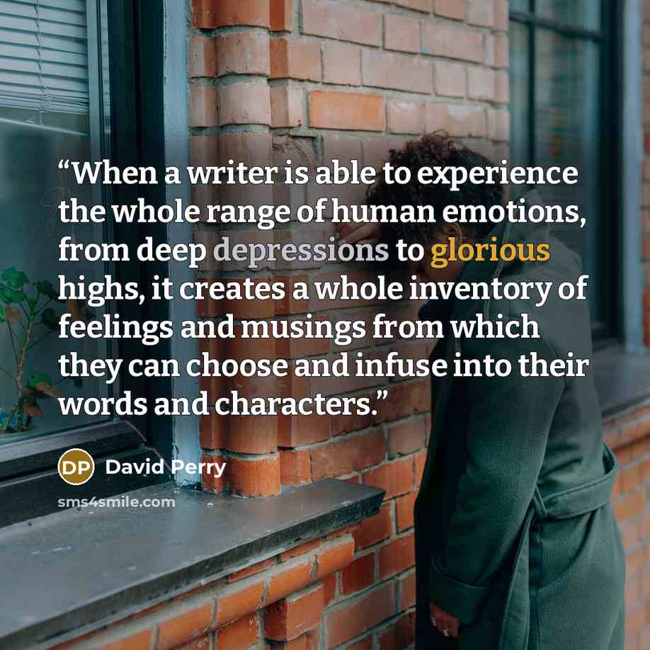 “When a writer is able to experience the whole range of human emotions, from deep depressions to glorious highs, it creates a whole inventory of feelings and musings from which they can choose and infuse into their words and characters.” quote by David Perry