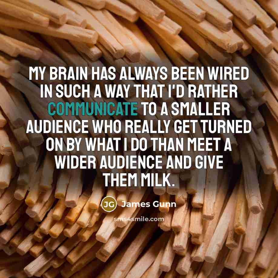 “My brain has always been wired in such a way that I'd rather communicate to a smaller audience who really get turned on by what I do than meet a wider audience and give them milk.” quote by James Gunn