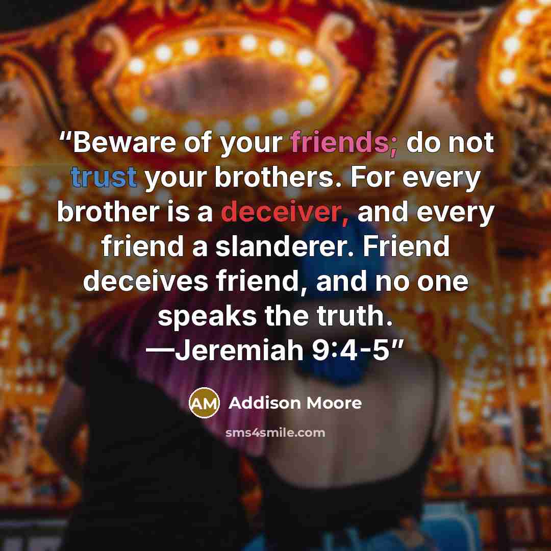 “Beware of your friends; do not trust your brothers. For every brother is a deceiver, and every friend a slanderer. Friend deceives friend, and no one speaks the truth. —Jeremiah 9:4-5” quote by Addison Moore