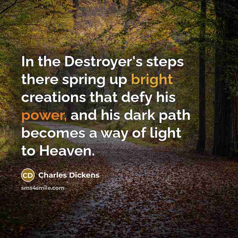 “In the Destroyer's steps there spring up bright creations that defy his power, and his dark path becomes a way of light to Heaven.” quote by Charles Dickens