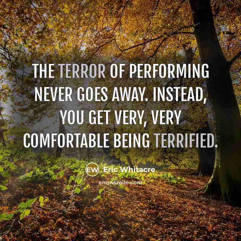 “The terror of performing never goes away. Instead, you get very, very comfortable being terrified.” quote by Eric Whitacre