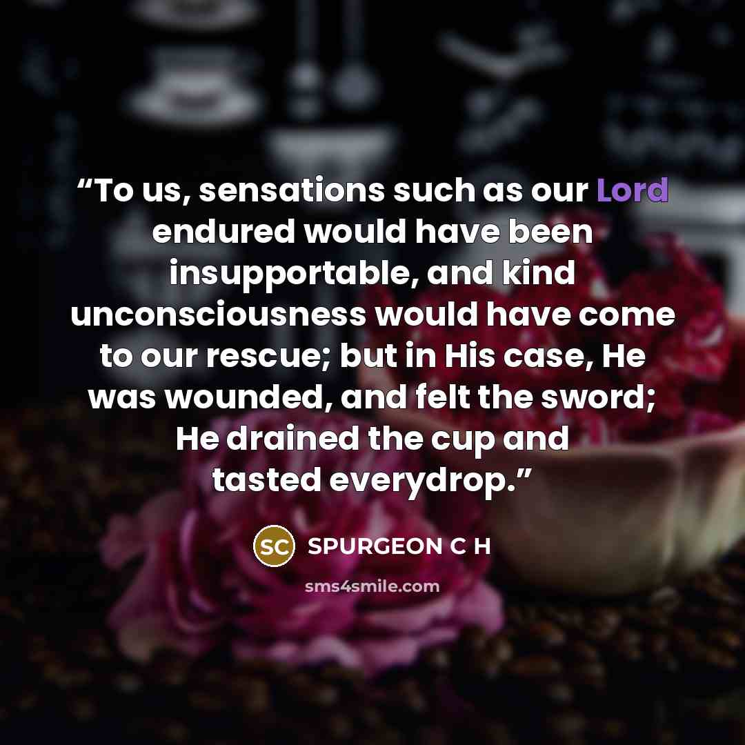 “To us, sensations such as our Lord endured would have been insupportable, and kind unconsciousness would have come to our rescue; but in His case, He was wounded, and felt the sword; He drained the cup and tasted everydrop.” quote by SPURGEON C H