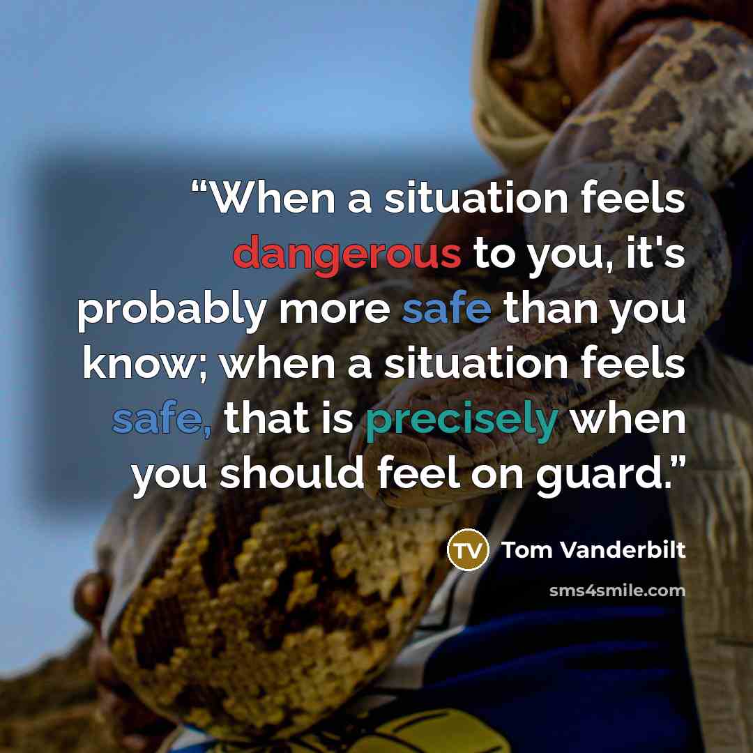 “When a situation feels dangerous to you, it's probably more safe than you know; when a situation feels safe, that is precisely when you should feel on guard.” quote by Tom Vanderbilt