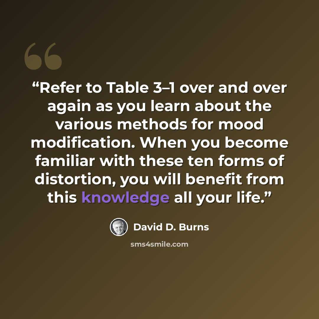 “Refer to Table 3–1 over and over again as you learn about the various methods for mood modification. When you become familiar with these ten forms of distortion, you will benefit from this knowledge all your life.” quote by David D. Burns