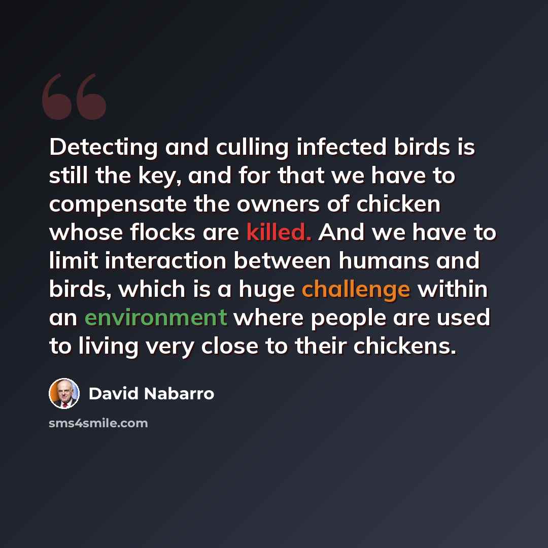 “Detecting and culling infected birds is still the key, and for that we have to compensate the owners of chicken whose flocks are killed. And we have to limit interaction between humans and birds, which is a huge challenge within an environment where people are used to living very close to their…” quote by David Nabarro