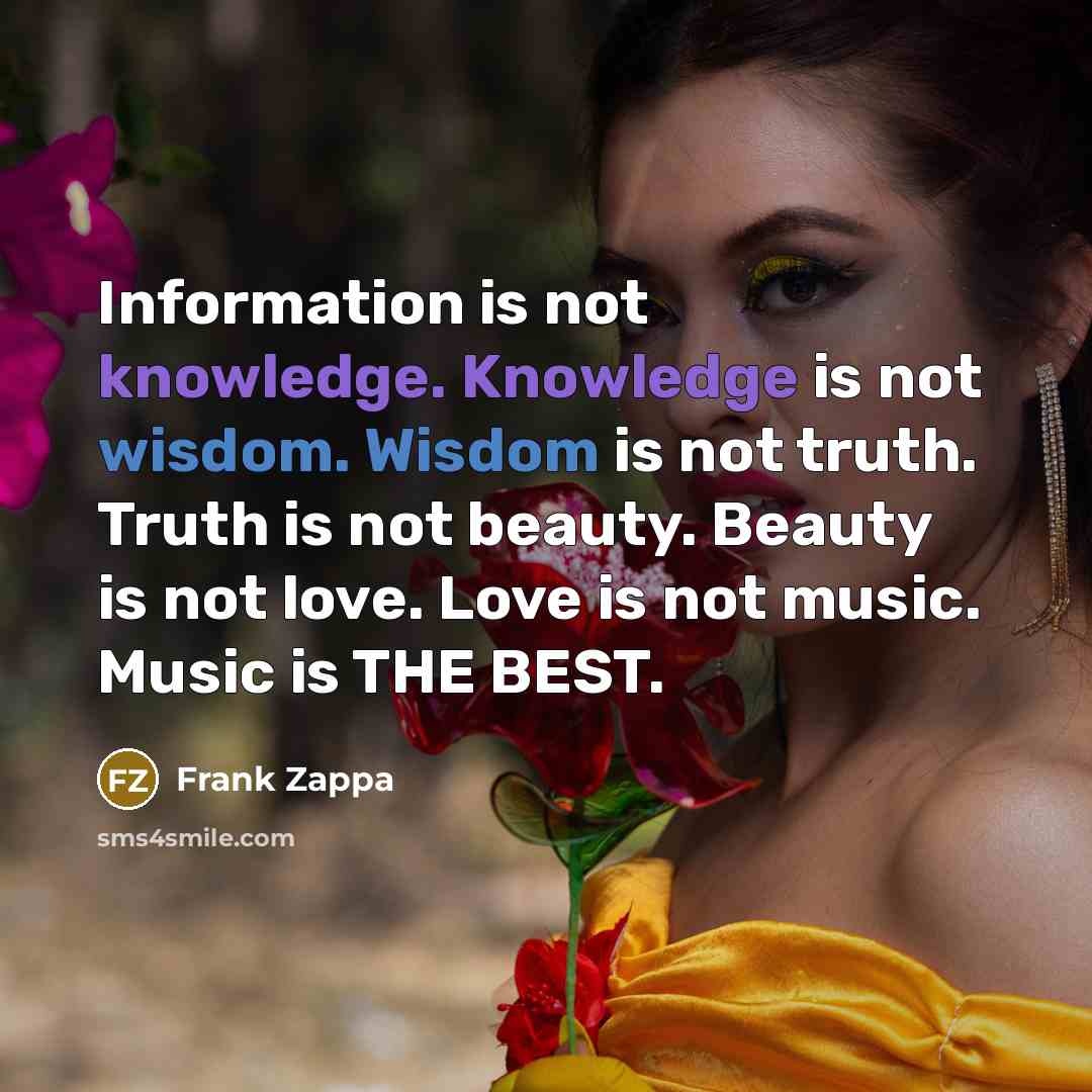 “Information is not knowledge. Knowledge is not wisdom. Wisdom is not truth. Truth is not beauty. Beauty is not love. Love is not music. Music is THE BEST.” quote by Frank Zappa