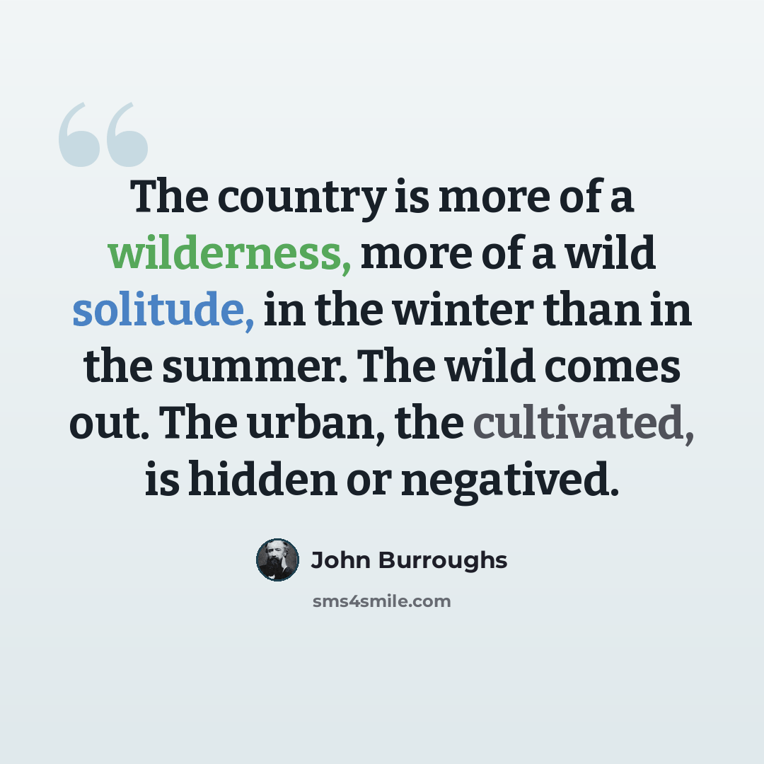 “The country is more of a wilderness, more of a wild solitude, in the winter than in the summer. The wild comes out. The urban, the cultivated, is hidden or negatived.” quote by John Burroughs