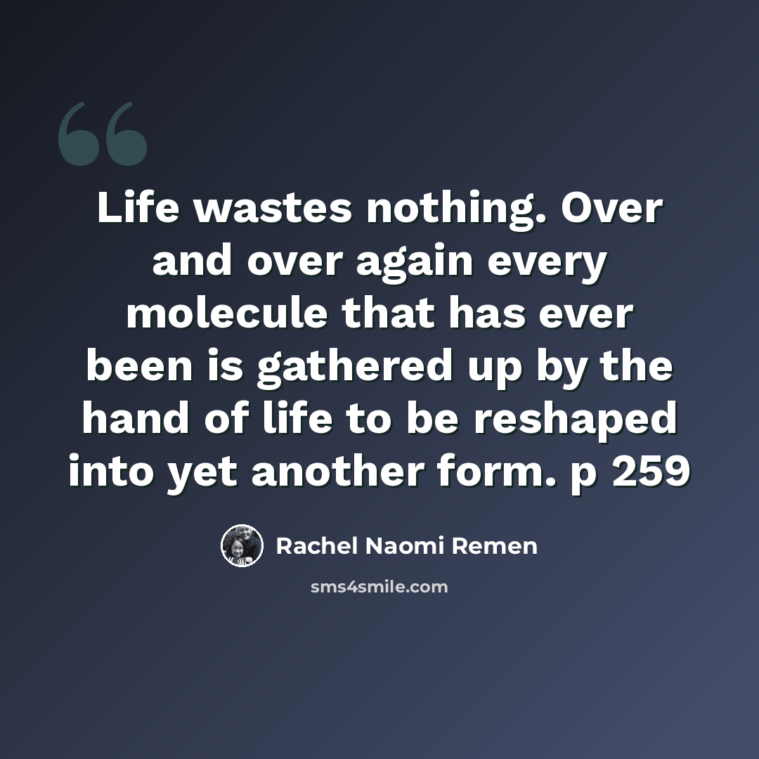 “Life wastes nothing. Over and over again every molecule that has ever been is gathered up by the hand of life to be reshaped into yet another form. p 259” quote by Rachel Naomi Remen