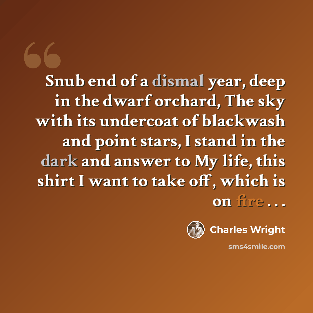 “Snub end of a dismal year, deep in the dwarf orchard, The sky with its undercoat of blackwash and point stars, I stand in the dark and answer to My life, this shirt I want to take off, which is on fire . . .” quote by Charles Wright