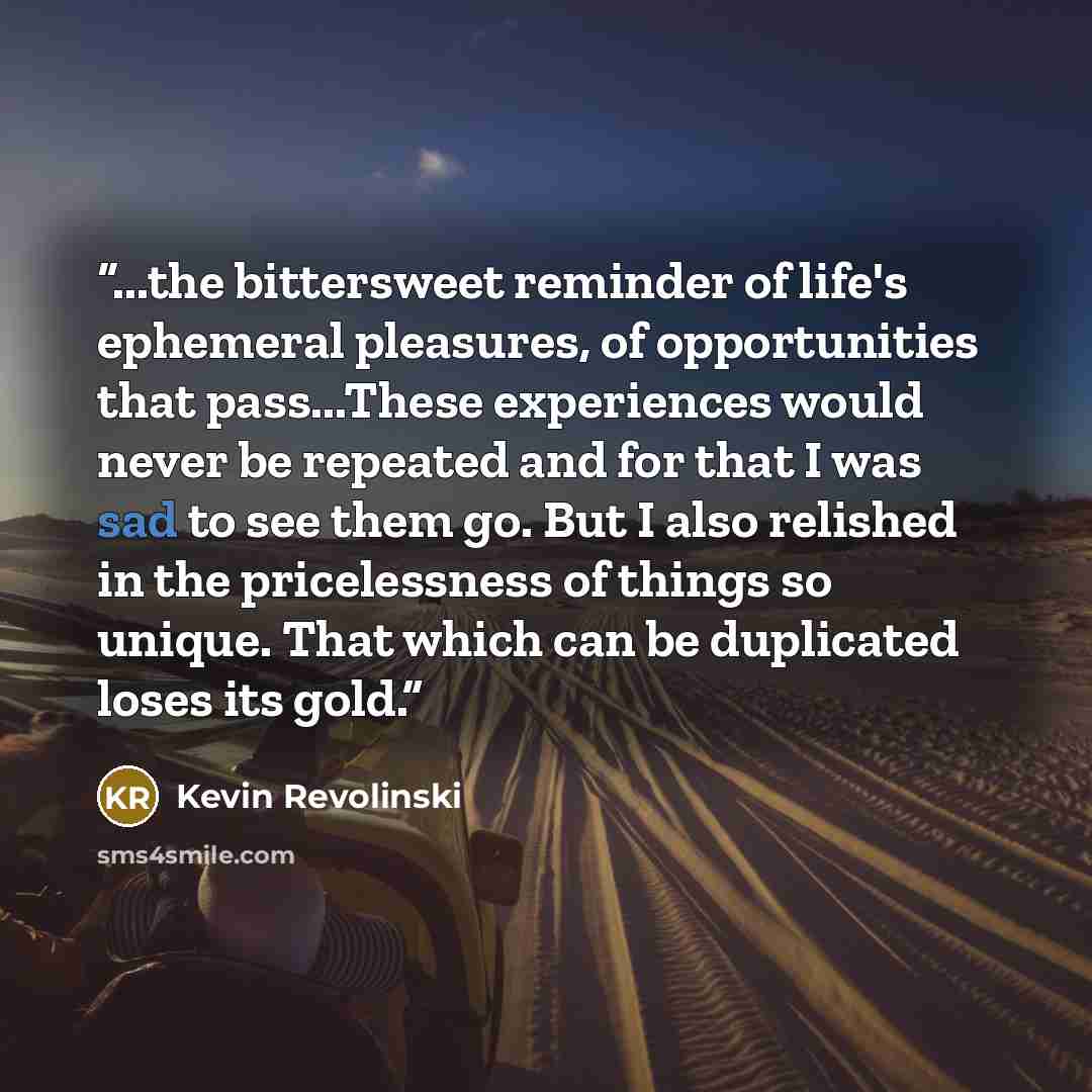 “...the bittersweet reminder of life's ephemeral pleasures, of opportunities that pass...These experiences would never be repeated and for that I was sad to see them go. But I also relished in the pricelessness of things so unique. That which can be duplicated loses its gold.” quote by Kevin Revolinski