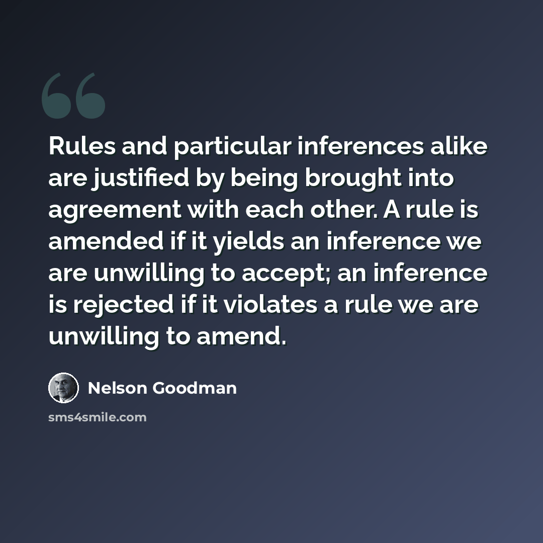 “Rules and particular inferences alike are justified by being brought into agreement with each other. A rule is amended if it yields an inference we are unwilling to accept; an inference is rejected if it violates a rule we are unwilling to amend.” quote by Nelson Goodman