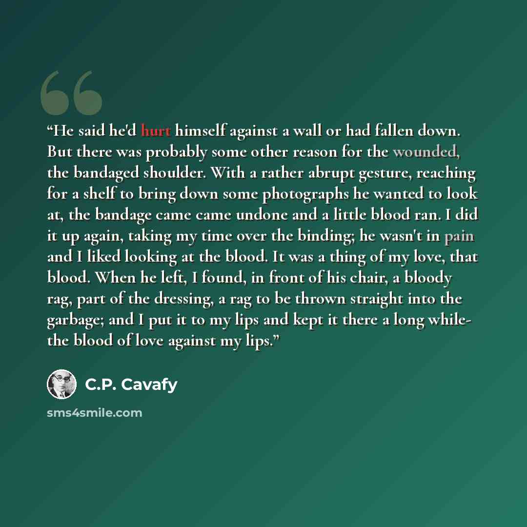 “He said he'd hurt himself against a wall or had fallen down. But there was probably some other reason for the wounded, the bandaged shoulder. With a rather abrupt gesture, reaching for a shelf to bring down some photographs he wanted to look at, the bandage came came undone and a little blood ran…” quote by C.P. Cavafy