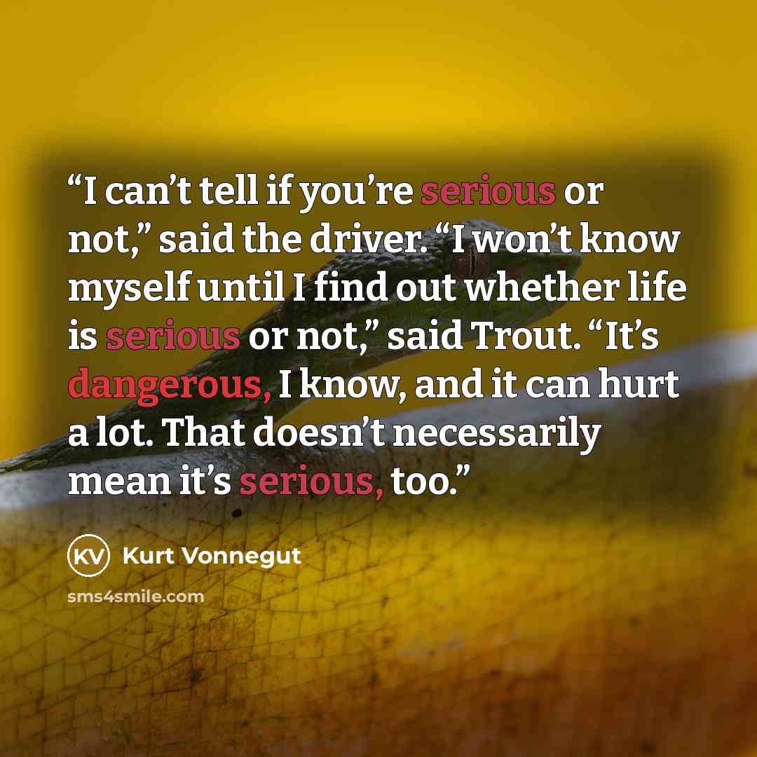 “I can’t tell if you’re serious or not,” said the driver. “I won’t know myself until I find out whether life is serious or not,” said Trout. “It’s dangerous, I know, and it can hurt a lot. That doesn’t necessarily mean it’s serious, too.” quote by Kurt Vonnegut