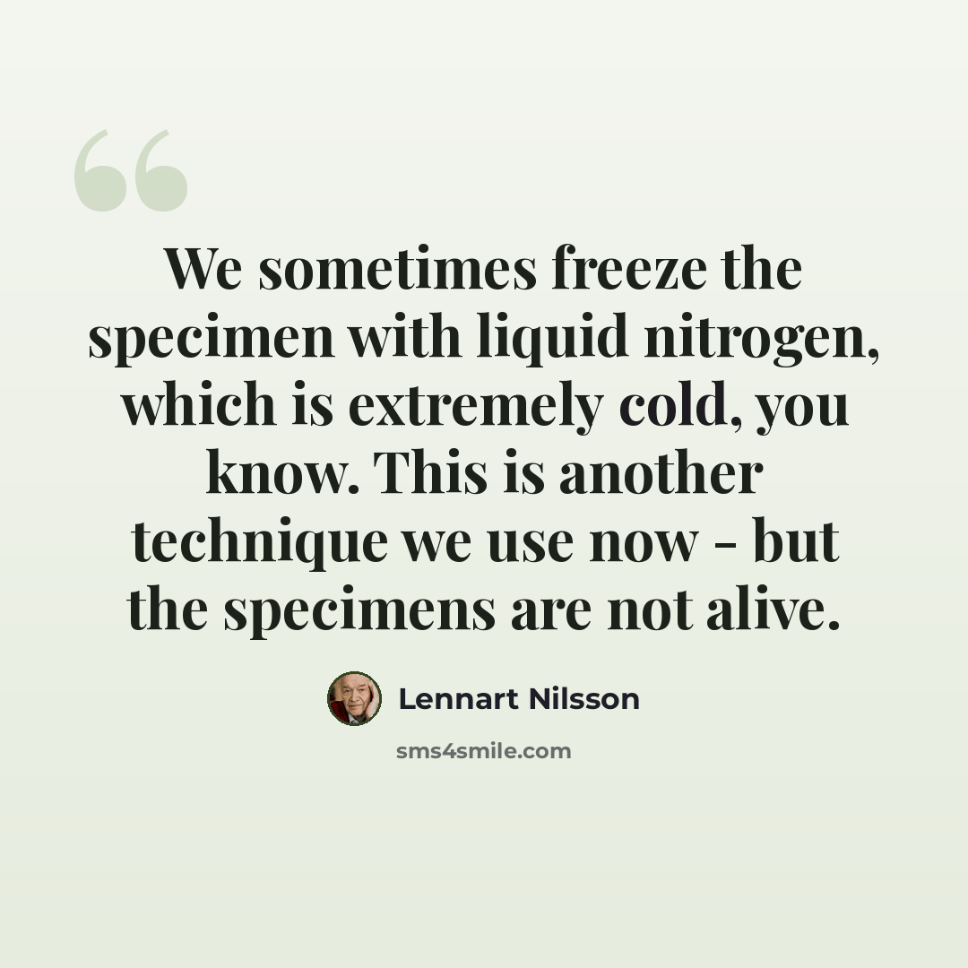 “We sometimes freeze the specimen with liquid nitrogen, which is extremely cold, you know. This is another technique we use now - but the specimens are not alive.” quote by Lennart Nilsson