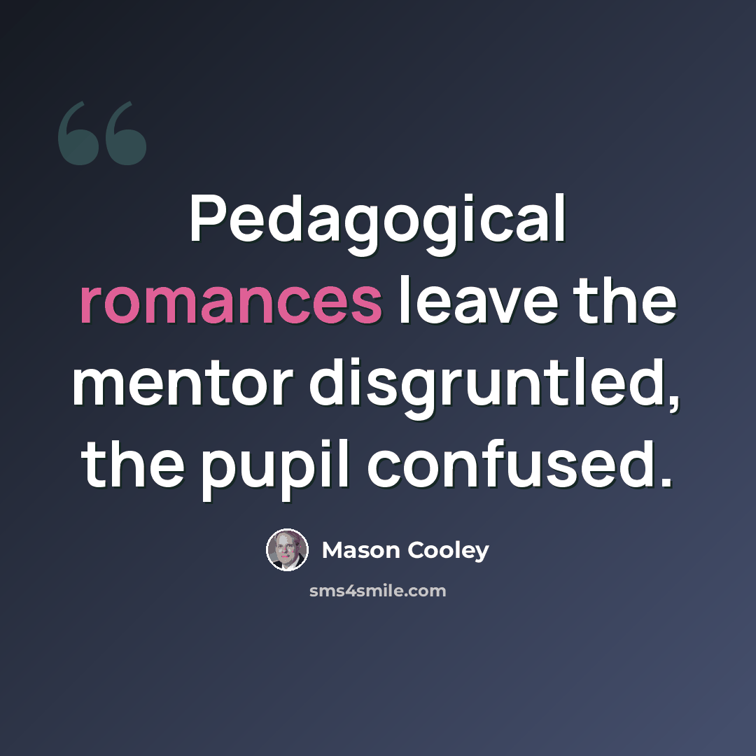 “Pedagogical romances leave the mentor disgruntled, the pupil confused.” quote by Mason Cooley