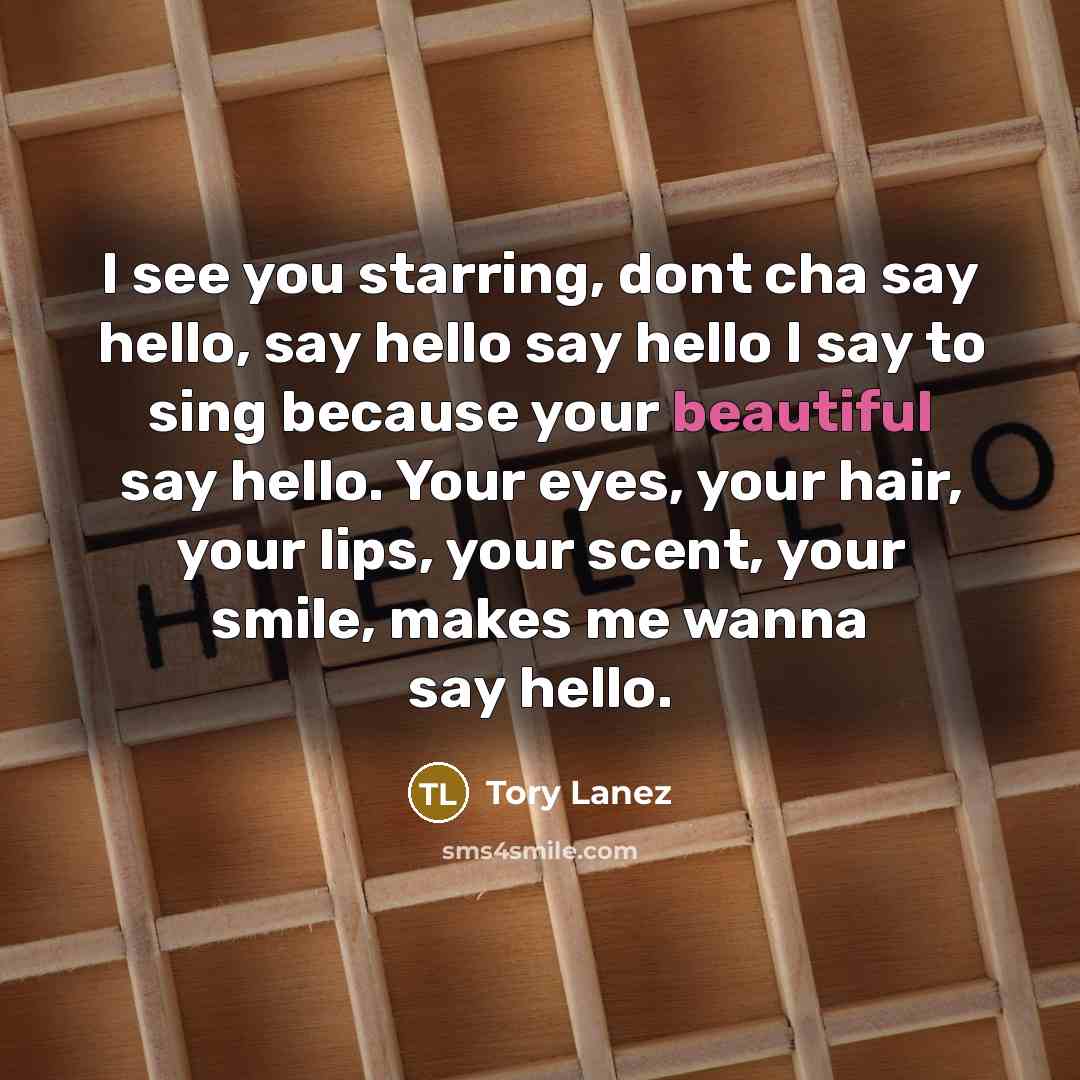 “I see you starring, dont cha say hello, say hello say hello I say to sing because your beautiful say hello. Your eyes, your hair, your lips, your scent, your smile, makes me wanna say hello.” quote by Tory Lanez