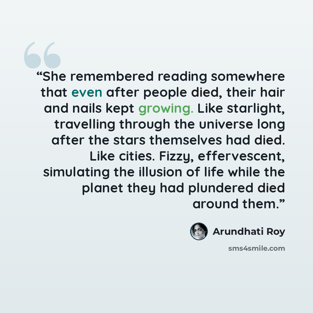 “She remembered reading somewhere that even after people died, their hair and nails kept growing. Like starlight, travelling through the universe long after the stars themselves had died. Like cities. Fizzy, effervescent, simulating the illusion of life while the planet they had plundered died…” quote by Arundhati Roy