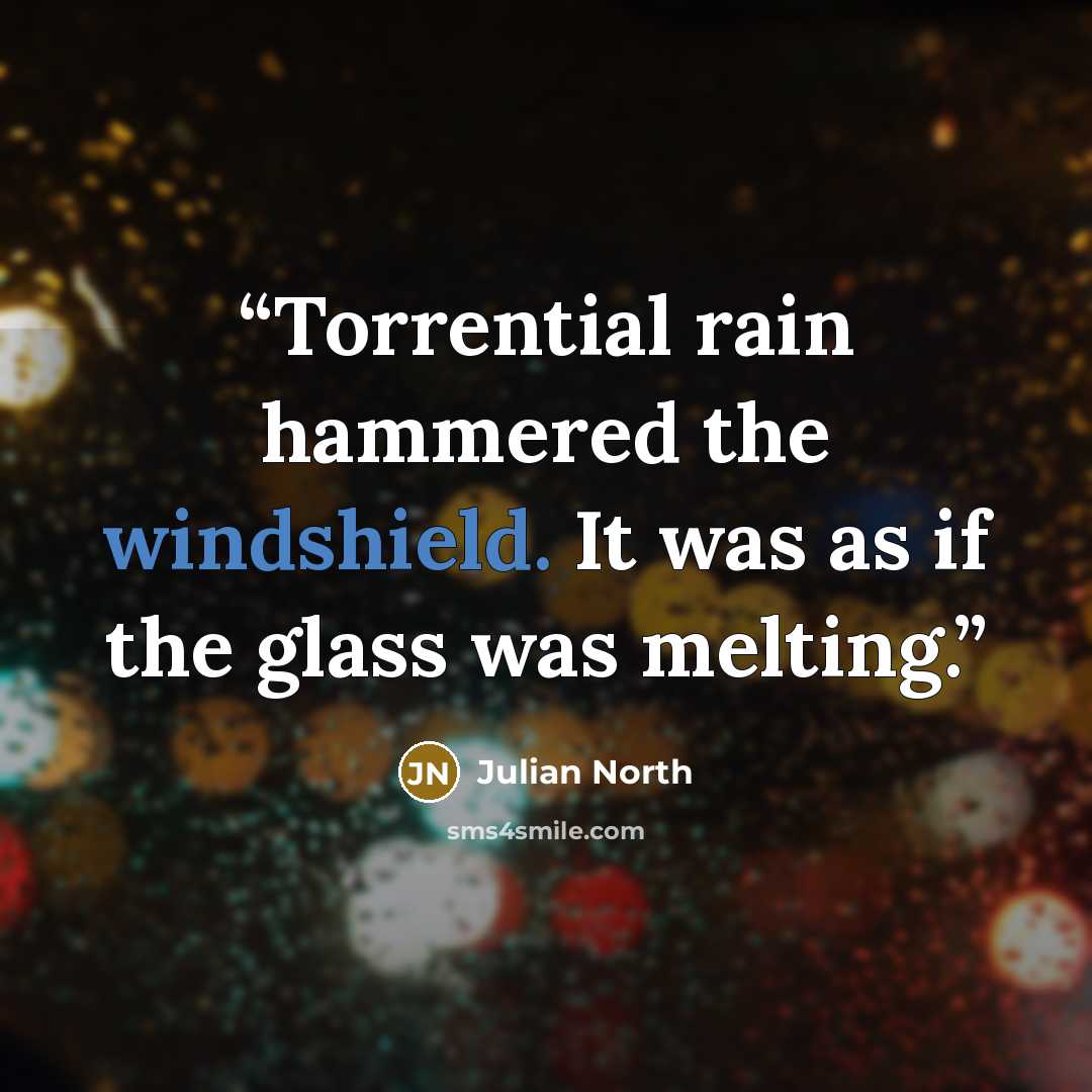 “Torrential rain hammered the windshield. It was as if the glass was melting.” quote by Julian North