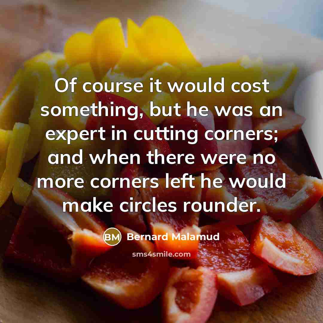 “Of course it would cost something, but he was an expert in cutting corners; and when there were no more corners left he would make circles rounder.” quote by Bernard Malamud