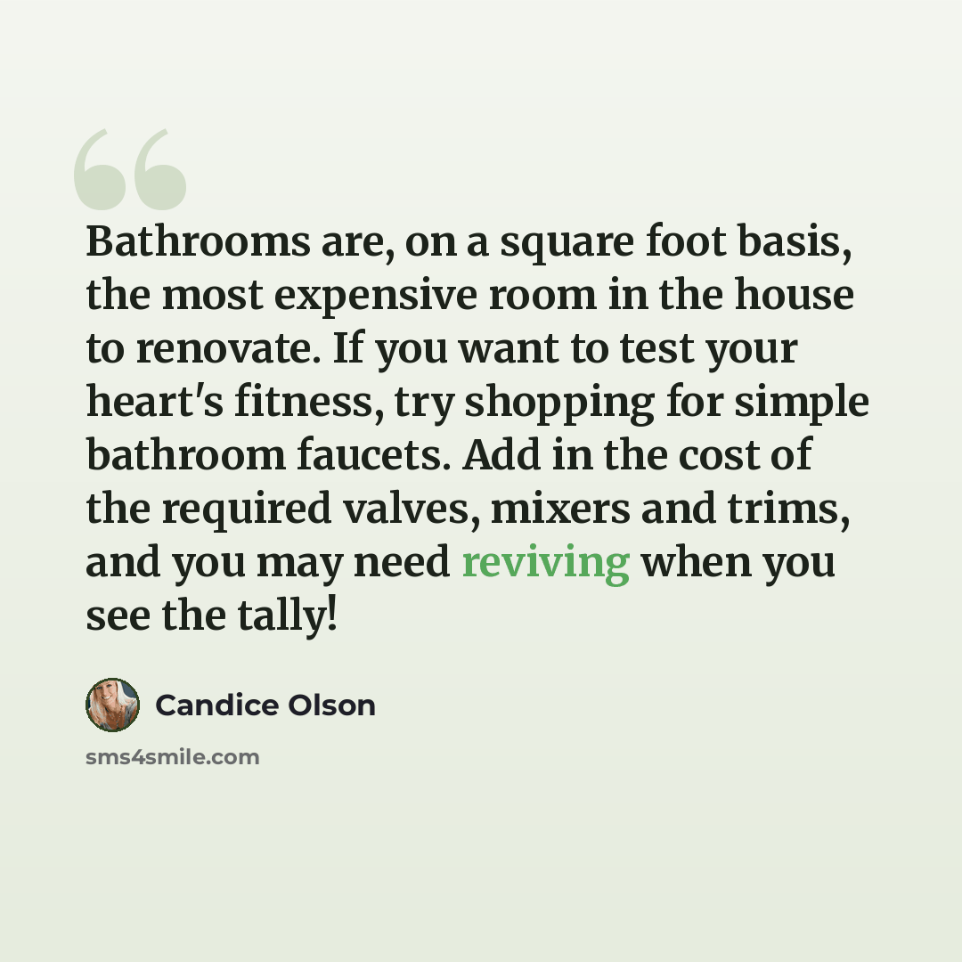 “Bathrooms are, on a square foot basis, the most expensive room in the house to renovate. If you want to test your heart's fitness, try shopping for simple bathroom faucets. Add in the cost of the required valves, mixers and trims, and you may need reviving when you see the tally!” quote by Candice Olson