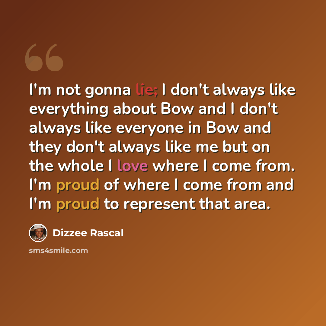 “I'm not gonna lie; I don't always like everything about Bow and I don't always like everyone in Bow and they don't always like me but on the whole I love where I come from. I'm proud of where I come from and I'm proud to represent that area.” quote by Dizzee Rascal