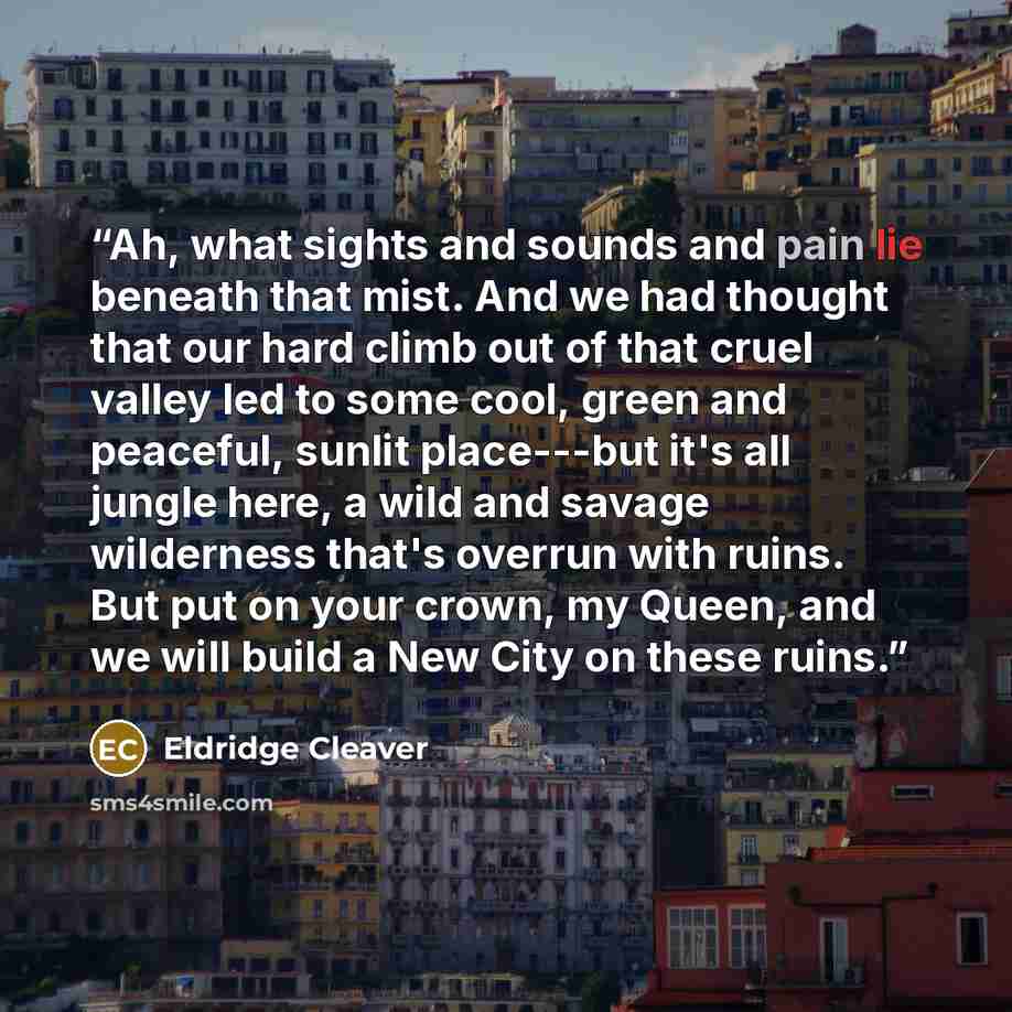 “Ah, what sights and sounds and pain lie beneath that mist. And we had thought that our hard climb out of that cruel valley led to some cool, green and peaceful, sunlit place---but it's all jungle here, a wild and savage wilderness that's overrun with ruins. But put on your crown, my Queen, and we…” quote by Eldridge Cleaver