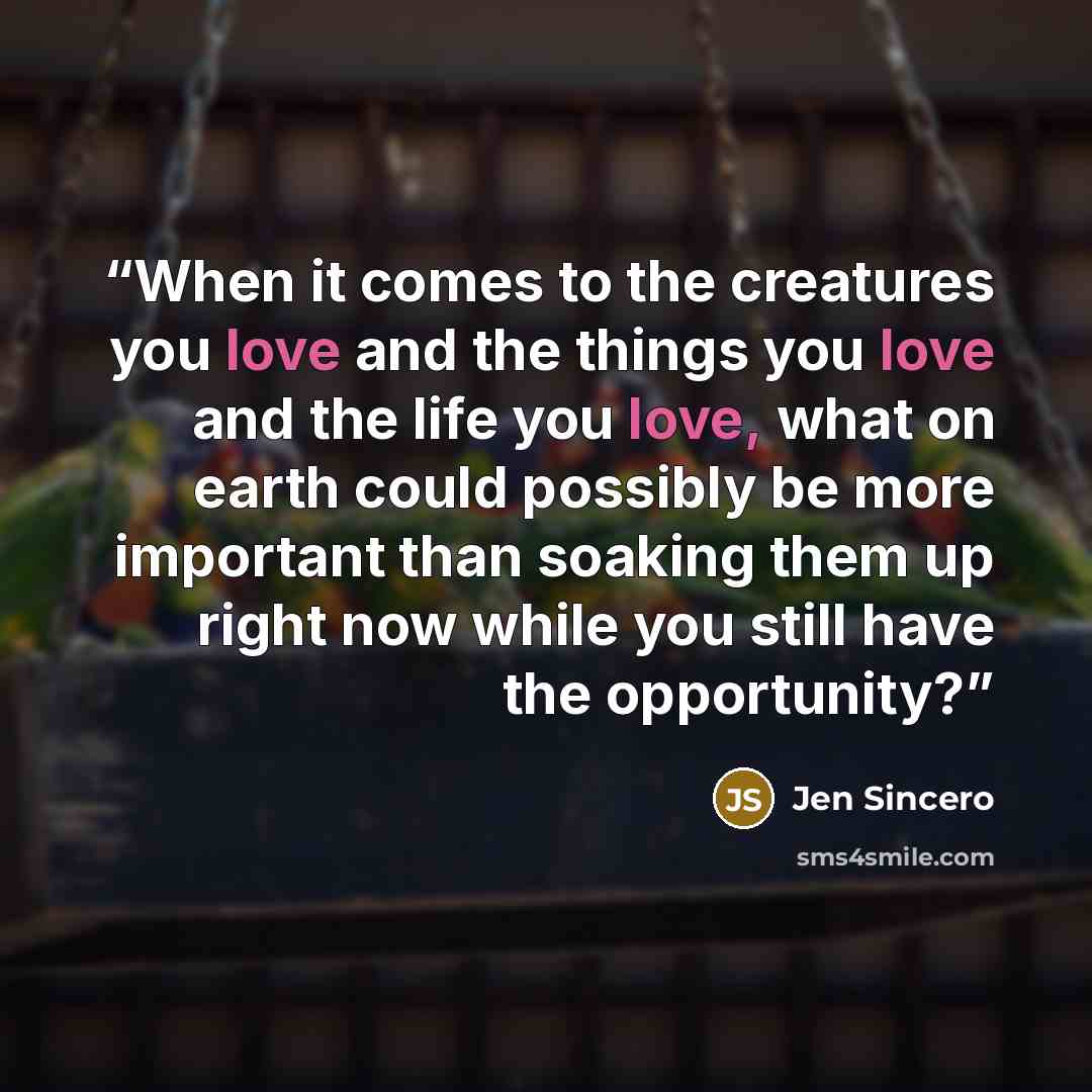 “When it comes to the creatures you love and the things you love and the life you love, what on earth could possibly be more important than soaking them up right now while you still have the opportunity?” quote by Jen Sincero