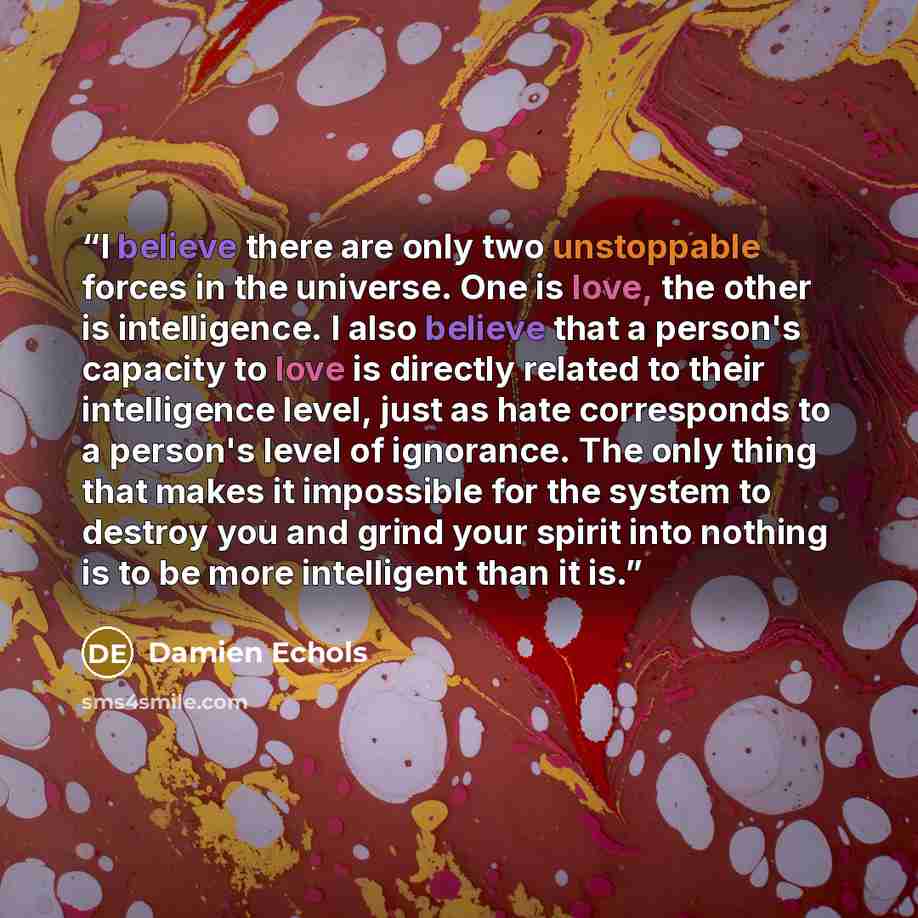 “I believe there are only two unstoppable forces in the universe. One is love, the other is intelligence. I also believe that a person's capacity to love is directly related to their intelligence level, just as hate corresponds to a person's level of ignorance. The only thing that makes it…” quote by Damien Echols