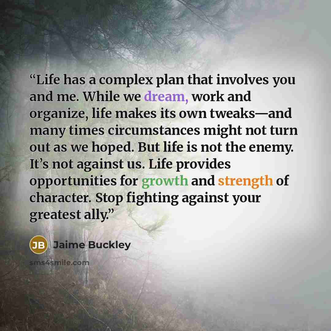 “Life has a complex plan that involves you and me. While we dream, work and organize, life makes its own tweaks—and many times circumstances might not turn out as we hoped. But life is not the enemy. It’s not against us. Life provides opportunities for growth and strength of character. Stop…” quote by Jaime Buckley