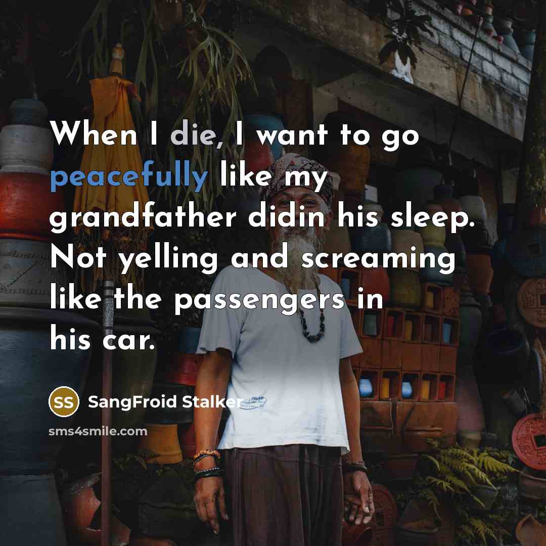 “When I die, I want to go peacefully like my grandfather didin his sleep. Not yelling and screaming like the passengers in his car.” quote by SangFroid Stalker