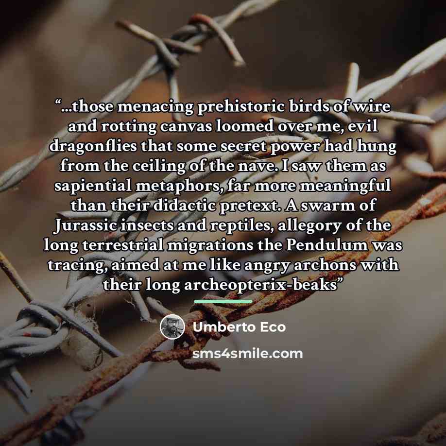 “...those menacing prehistoric birds of wire and rotting canvas loomed over me, evil dragonflies that some secret power had hung from the ceiling of the nave. I saw them as sapiential metaphors, far more meaningful than their didactic pretext. A swarm of Jurassic insects and reptiles, allegory of…” quote by Umberto Eco