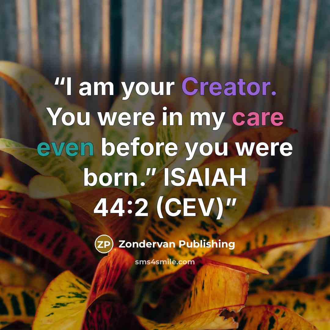“I am your Creator. You were in my care even before you were born.” ISAIAH 44:2 (CEV)” quote by Zondervan Publishing
