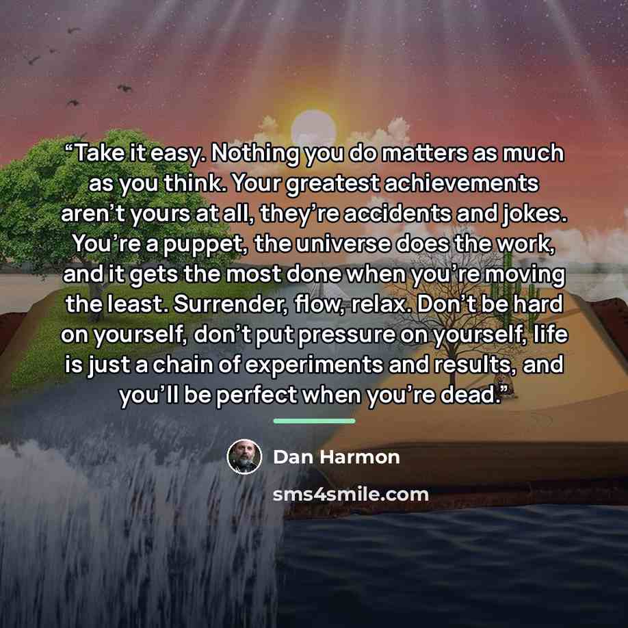 “Take it easy. Nothing you do matters as much as you think. Your greatest achievements aren’t yours at all, they’re accidents and jokes. You’re a puppet, the universe does the work, and it gets the most done when you’re moving the least. Surrender, flow, relax. Don’t be hard on yourself, don’t put…” quote by Dan Harmon