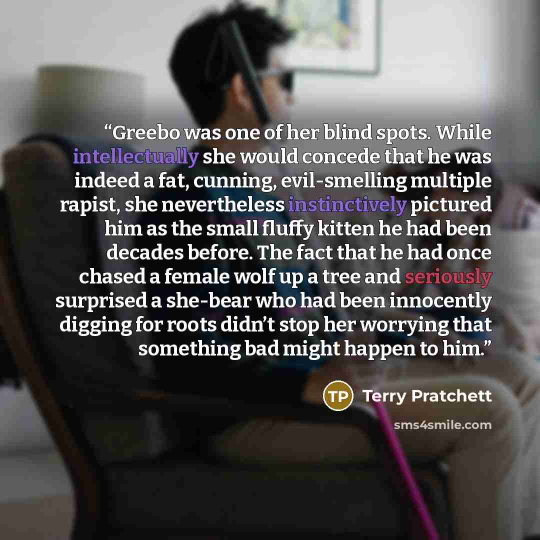 “Greebo was one of her blind spots. While intellectually she would concede that he was indeed a fat, cunning, evil-smelling multiple rapist, she nevertheless instinctively pictured him as the small fluffy kitten he had been decades before. The fact that he had once chased a female wolf up a tree…” quote by Terry Pratchett
