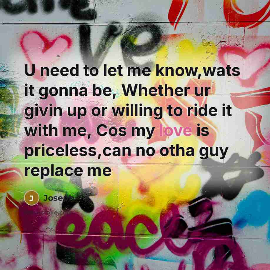 “U need to let me know,wats it gonna be, Whether ur givin up or willing to ride it with me, Cos my love is priceless,can no otha guy replace me” quote by Joseph