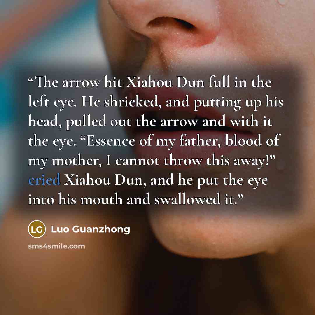 “The arrow hit Xiahou Dun full in the left eye. He shrieked, and putting up his head, pulled out the arrow and with it the eye. “Essence of my father, blood of my mother, I cannot throw this away!” cried Xiahou Dun, and he put the eye into his mouth and swallowed it.” quote by Luo Guanzhong