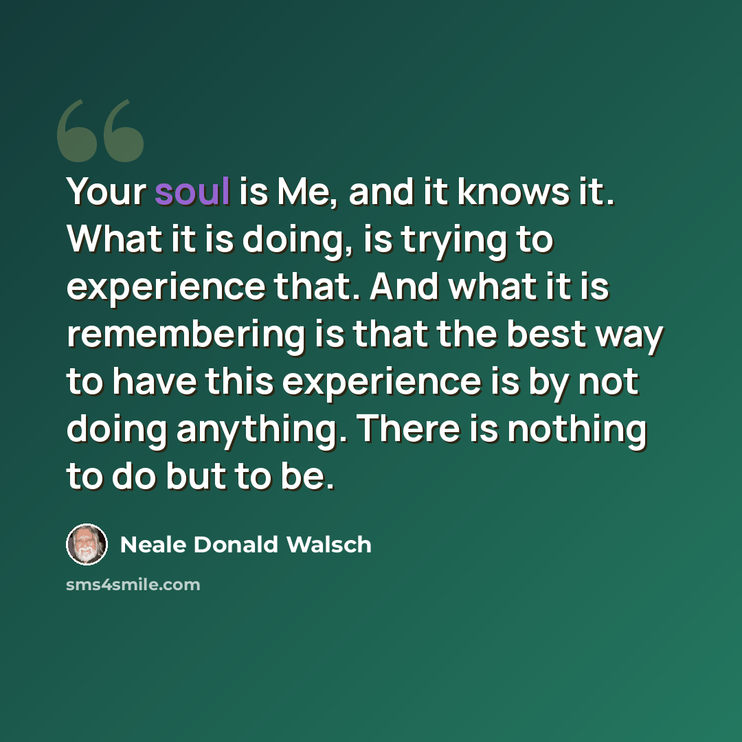 “Your soul is Me, and it knows it. What it is doing, is trying to experience that. And what it is remembering is that the best way to have this experience is by not doing anything. There is nothing to do but to be.” quote by Neale Donald Walsch