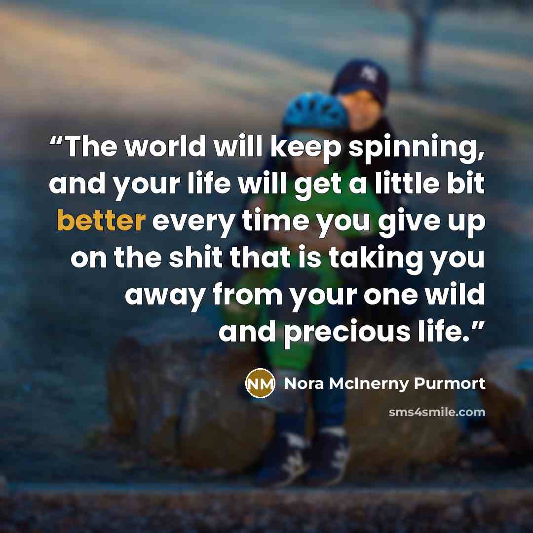 “The world will keep spinning, and your life will get a little bit better every time you give up on the shit that is taking you away from your one wild and precious life.” quote by Nora McInerny Purmort