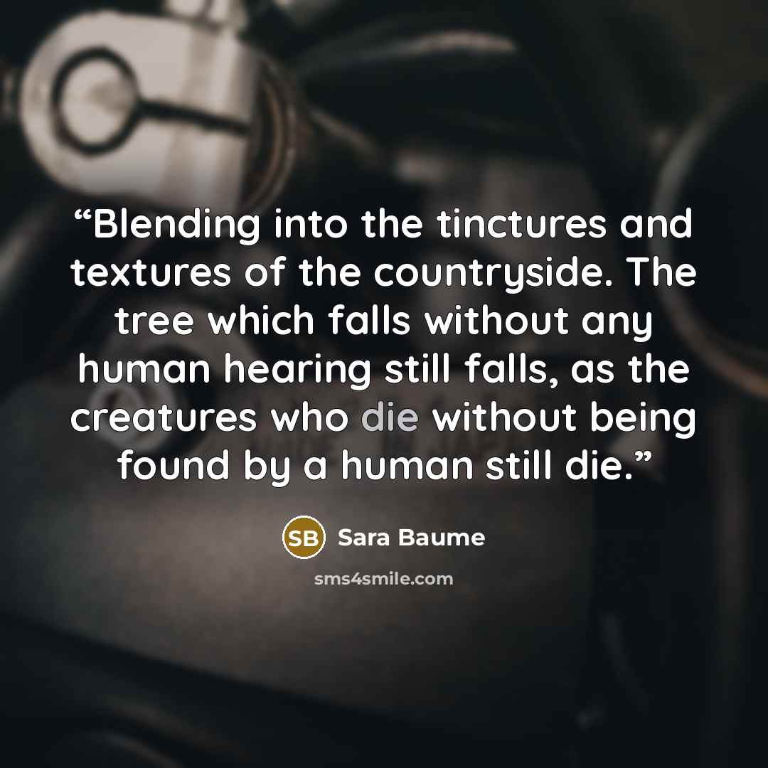 “Blending into the tinctures and textures of the countryside. The tree which falls without any human hearing still falls, as the creatures who die without being found by a human still die.” quote by Sara Baume