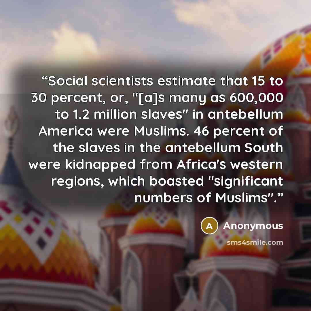 “Social scientists estimate that 15 to 30 percent, or, "[a]s many as 600,000 to 1.2 million slaves" in antebellum America were Muslims. 46 percent of the slaves in the antebellum South were kidnapped from Africa's western regions, which boasted "significant numbers of Muslims".” quote by Anonymous
