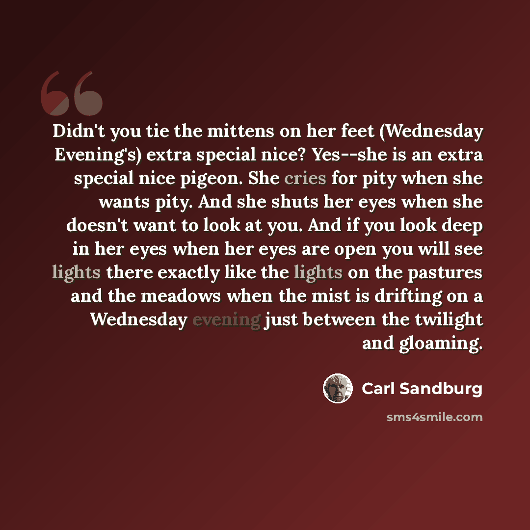“Didn't you tie the mittens on her feet (Wednesday Evening's) extra special nice? Yes--she is an extra special nice pigeon. She cries for pity when she wants pity. And she shuts her eyes when she doesn't want to look at you. And if you look deep in her eyes when her eyes are open you will see…” quote by Carl Sandburg